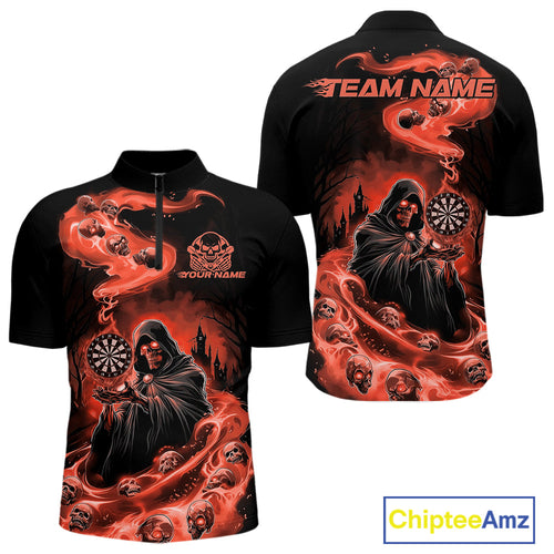 Custom Orange Flame Grim Reaper Dart Men Quarter-Zip Shirts, Dart Team Halloween Outfits IPHW9982