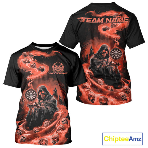 Custom Orange Flame Grim Reaper Dart Men T-Shirts, Dart Team Halloween Outfits IPHW9982