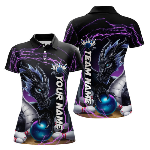 Blue And Purple Thunder Lightning Custom Dragon Bowling Team Polo Shirts For Women IPHW8317