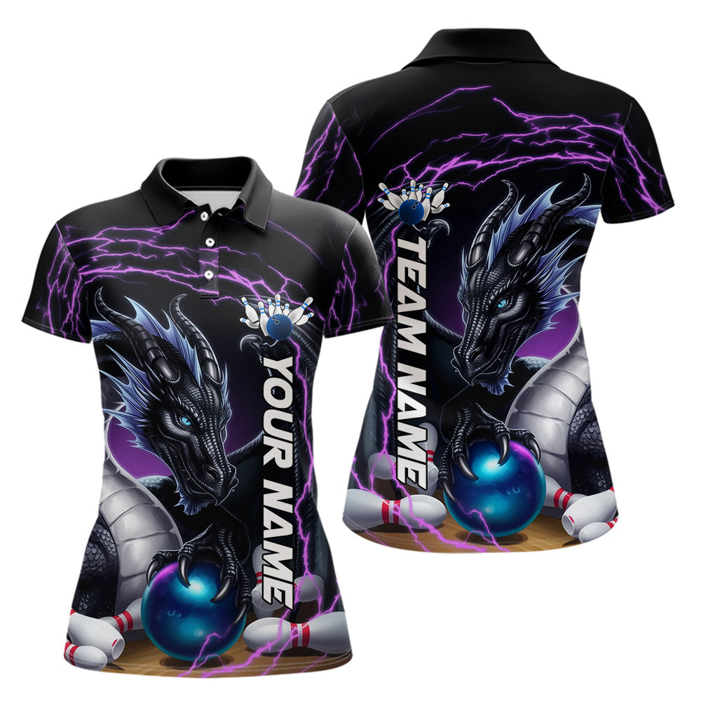 Blue And Purple Thunder Lightning Custom Dragon Bowling Team Polo Shirts For Women IPHW8317
