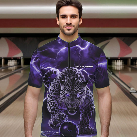 Purple Thunder Lightning Custom Leopard Bowling Quarter-Zip Shirts For Men, Bowling League Shirt IPHW8319
