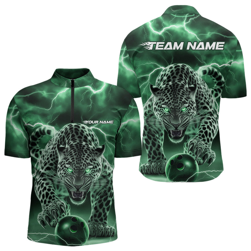 Green Thunder Lightning Custom Leopard Bowling Quarter-Zip Shirts For Men, Bowling League Shirt IPHW8320