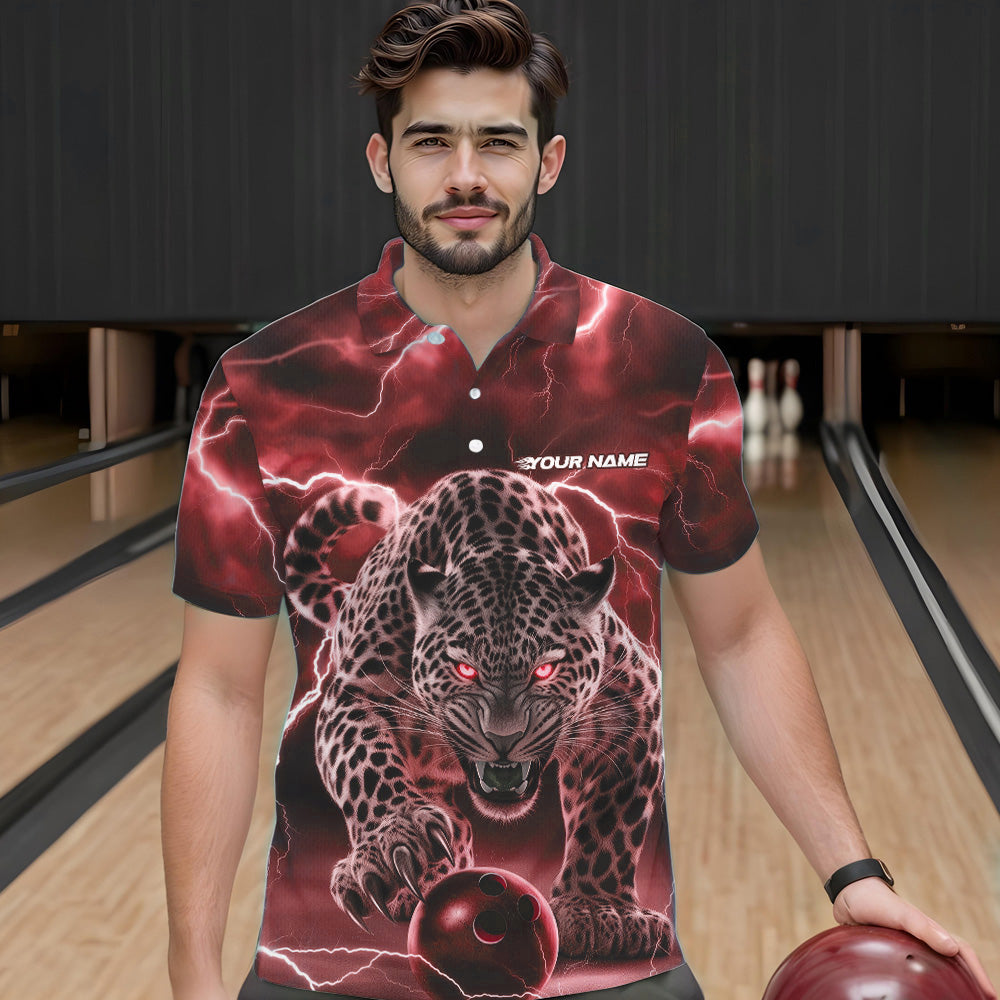 Red Thunder Lightning Custom Leopard Bowling Polo Shirts For Men, Bowling League Shirt IPHW8321