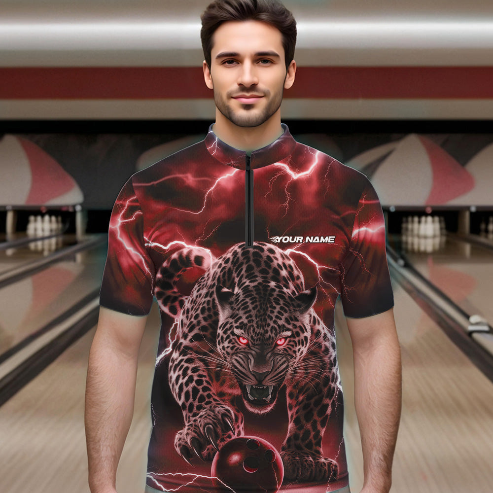 Red Thunder Lightning Custom Leopard Bowling Quarter-Zip Shirts For Men, Bowling League Shirt IPHW8321