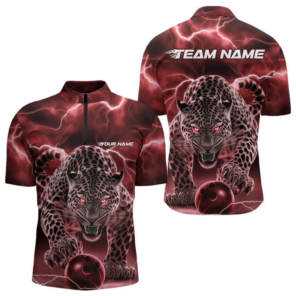 Red Thunder Lightning Custom Leopard Bowling Quarter-Zip Shirts For Men, Bowling League Shirt IPHW8321