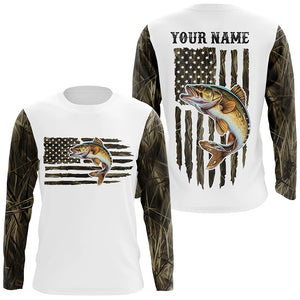 Personalized American Flag Walleye Long Sleeve Fishing Camo Shirts, Patriotic Walleye Fishing Jersey IPHW6038