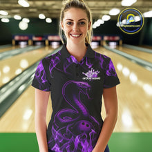 Load image into Gallery viewer, Custom Black And Purple Flame Cobra Snake Bowling Women Polo Shirts, Bowling League Shirt IPHW9041