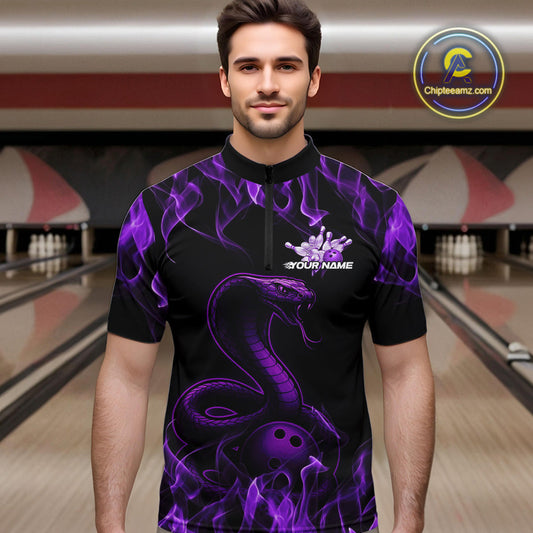 Custom Black And Purple Flame Cobra Snake Bowling Men Quarter-Zip Shirts, Bowling League Shirt IPHW9041