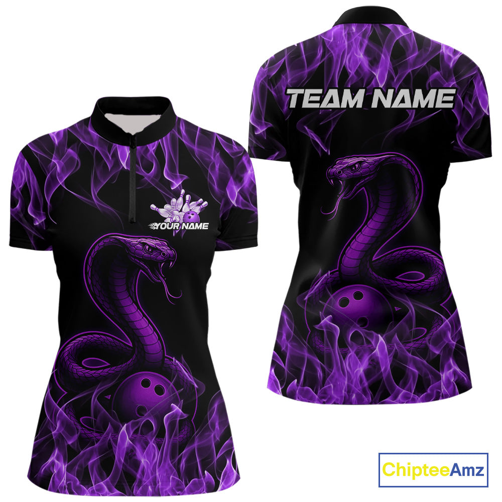 Custom Black And Purple Flame Cobra Snake Bowling Women Quarter-Zip Shirts, Team Shirt IPHW9041