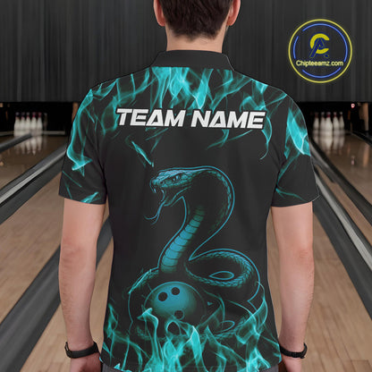 Custom Black And Blue Flame Cobra Snake Bowling Men Polo Shirts, Bowling League Shirt IPHW9042