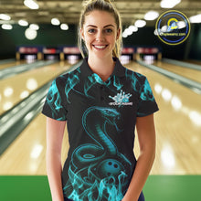 Load image into Gallery viewer, Custom Black And Blue Flame Cobra Snake Bowling Women Polo Shirts, Bowling League Shirt IPHW9042