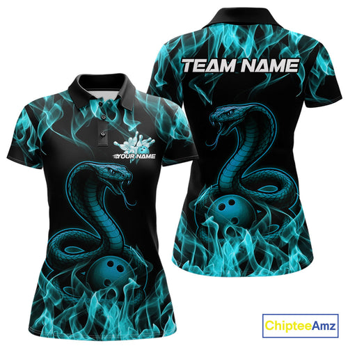 Custom Black And Blue Flame Cobra Snake Bowling Women Polo Shirts, Bowling League Shirt IPHW9042