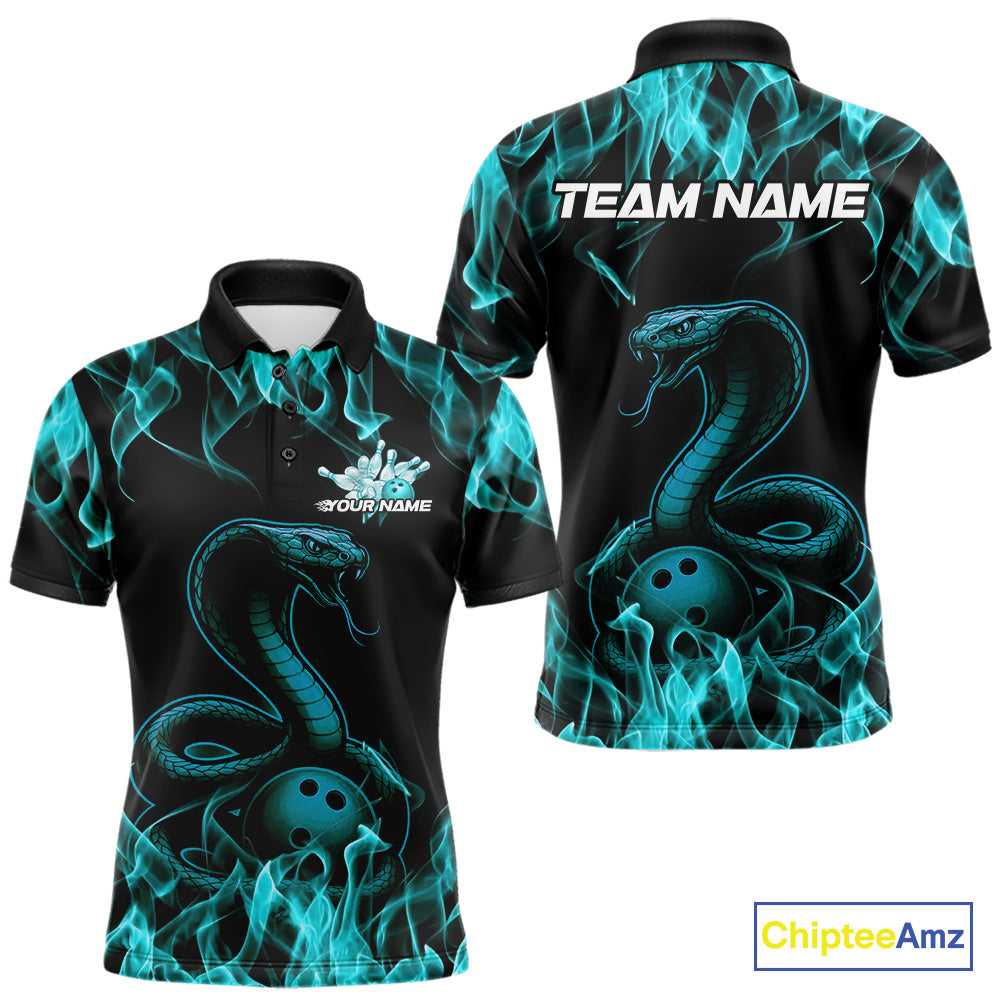 Custom Black And Blue Flame Cobra Snake Bowling Men Polo Shirts, Bowling League Shirt IPHW9042