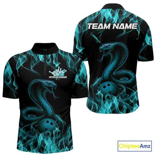 Custom Black And Blue Flame Cobra Snake Bowling Men Quarter-Zip Shirts, Bowling League Shirt IPHW9042