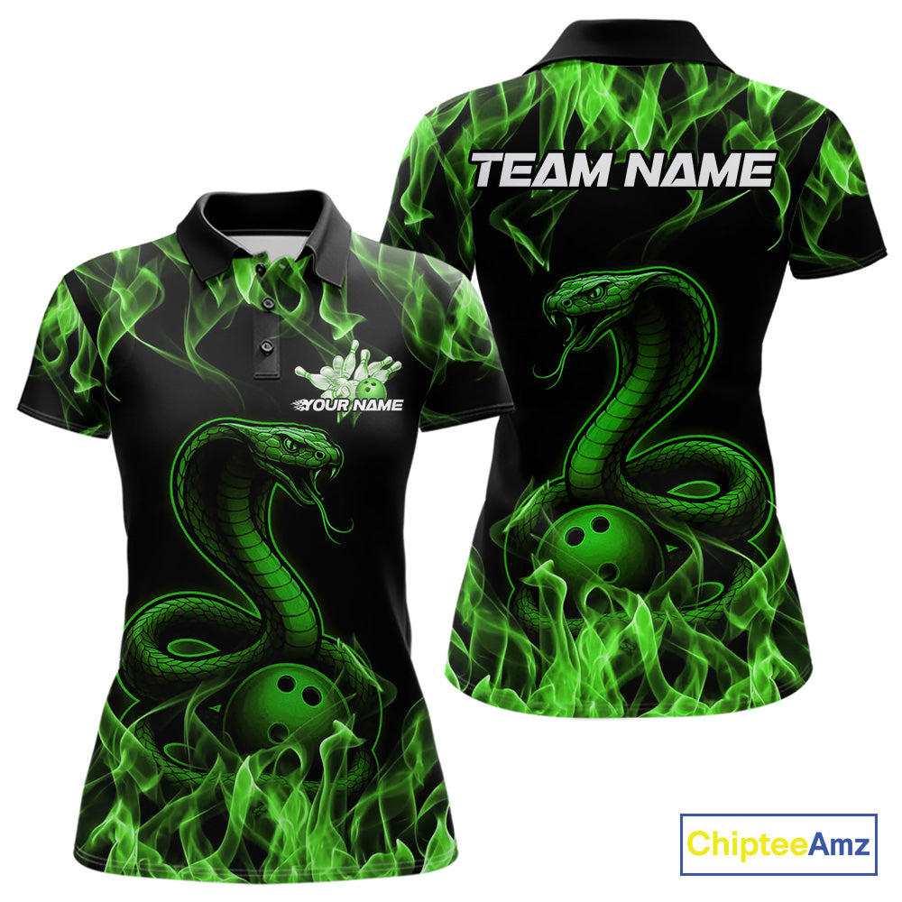 Custom Black And Green Flame Cobra Snake Bowling Women Polo Shirts, Bowling League Shirt IPHW9043