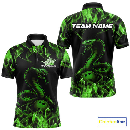 Custom Black And Green Flame Cobra Snake Bowling Men Polo Shirts, Bowling League Shirt IPHW9043