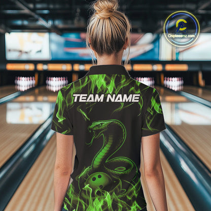 Custom Black And Green Flame Cobra Snake Bowling Women Quarter-Zip Shirts, Team Shirt IPHW9043