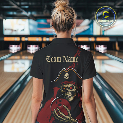 Custom Black And Red Pirate Bowling Women Polo Shirts, Bowling Team Bowling League Shirt IPHW9048