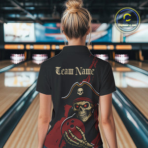 Custom Black And Red Pirate Bowling Women Polo Shirts, Bowling Team Bowling League Shirt IPHW9048