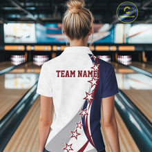 Load image into Gallery viewer, Back view female model in a bowling lane wearing a red, white, and blue quarter zip shirt with sweeping stars and stripe graphics.