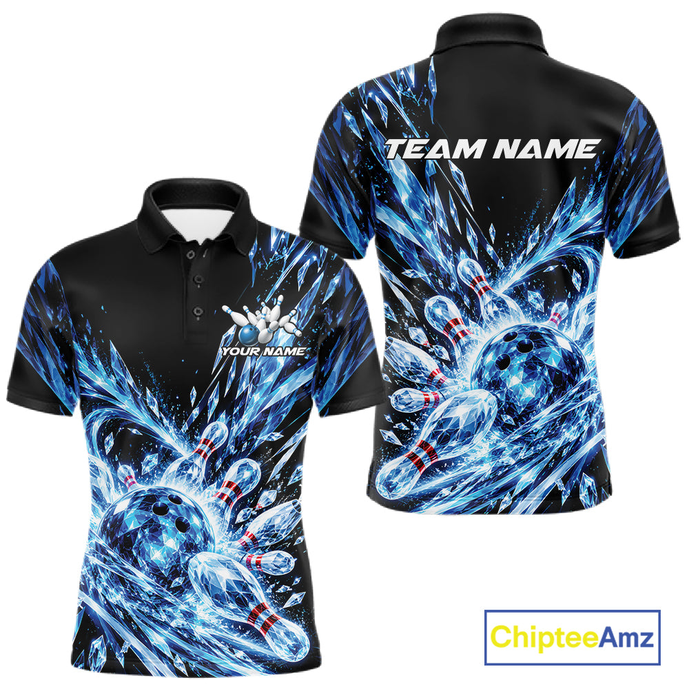Icy Blue Custom Crystal Ice Bowling Team Men Polo Shirt, Bowling Tournament Jersey IPHW12435