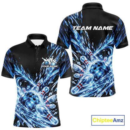 Icy Blue Custom Crystal Ice Bowling Team Men Polo Shirt, Bowling Tournament Jersey IPHW12435