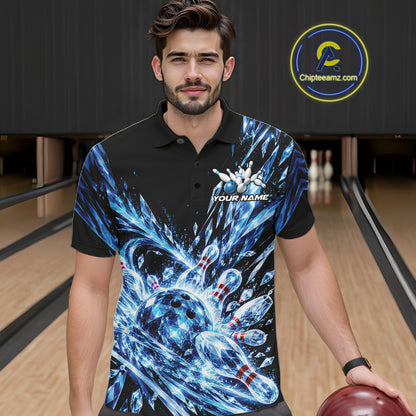 Icy Blue Custom Crystal Ice Bowling Team Men Polo Shirt, Bowling Tournament Jersey IPHW12435