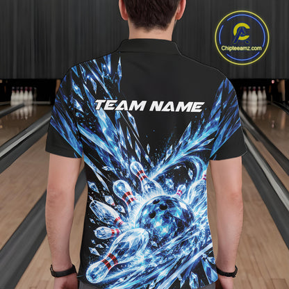 Icy Blue Custom Crystal Ice Bowling Team Men Polo Shirt, Bowling Tournament Jersey IPHW12435