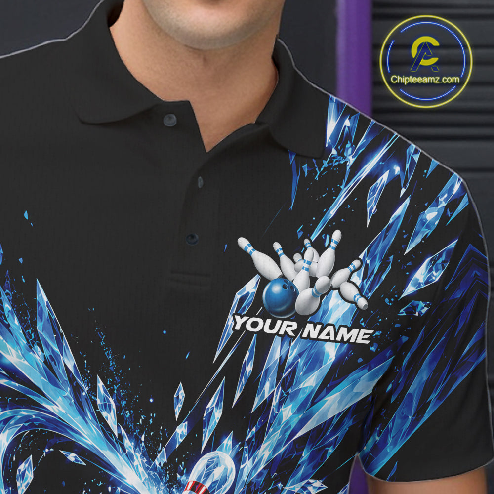 Icy Blue Custom Crystal Ice Bowling Team Men Polo Shirt, Bowling Tournament Jersey IPHW12435