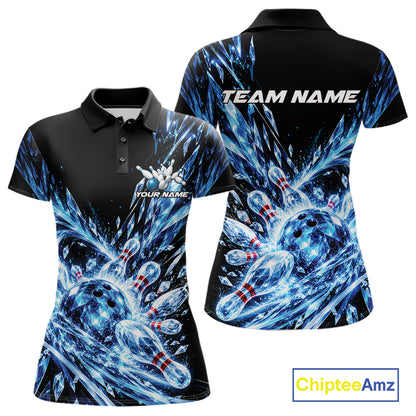 Icy Blue Custom Crystal Ice Bowling Team Women Polo Shirt, Bowling Tournament Jersey IPHW12435