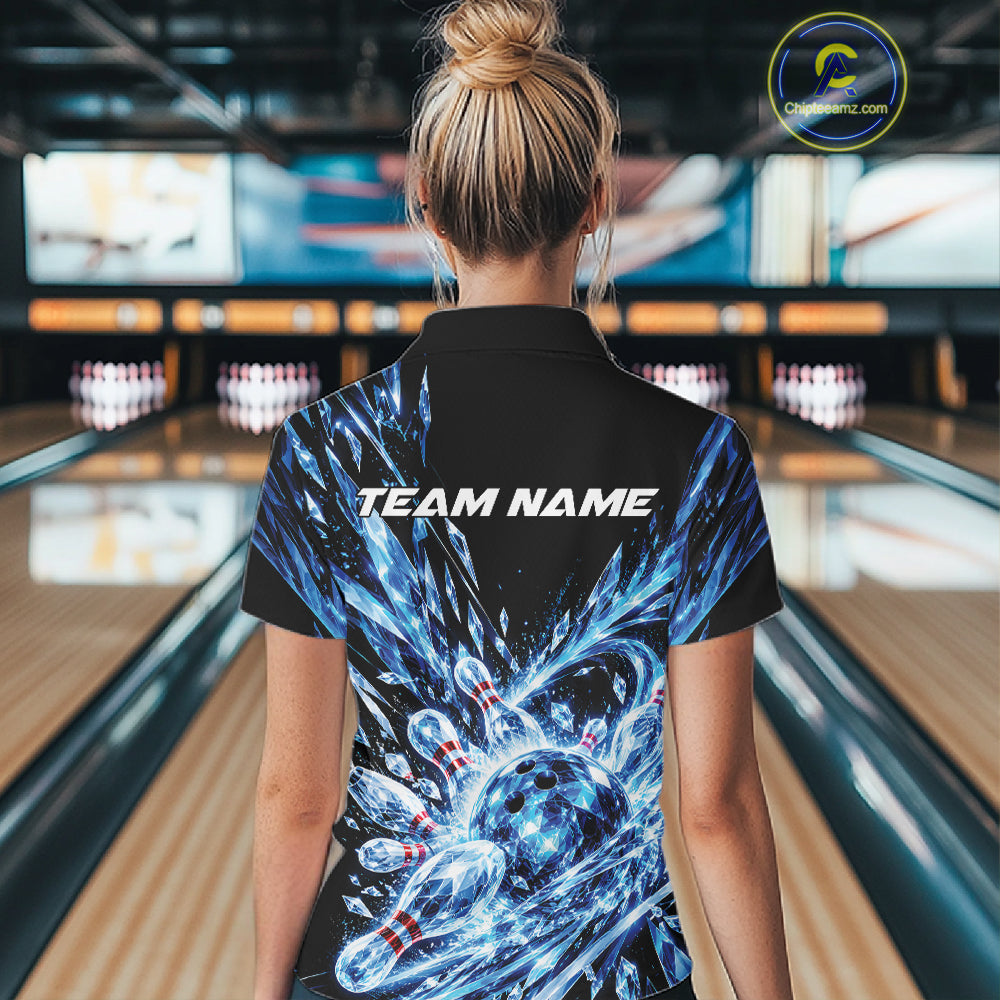 Icy Blue Custom Crystal Ice Bowling Team Women Polo Shirt, Bowling Tournament Jersey IPHW12435