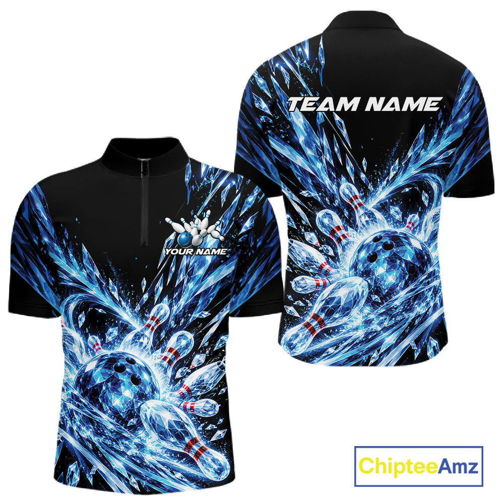 Icy Blue Custom Crystal Ice Bowling Team Men Quarter Zip Shirt, Bowling Tournament Jersey IPHW12435