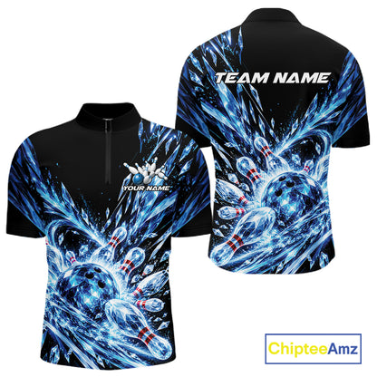 Icy Blue Custom Crystal Ice Bowling Team Men Quarter Zip Shirt, Bowling Tournament Jersey IPHW12435