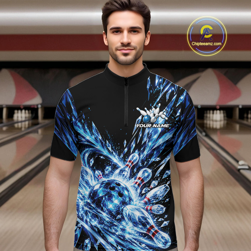 Icy Blue Custom Crystal Ice Bowling Team Men Quarter Zip Shirt, Bowling Tournament Jersey IPHW12435
