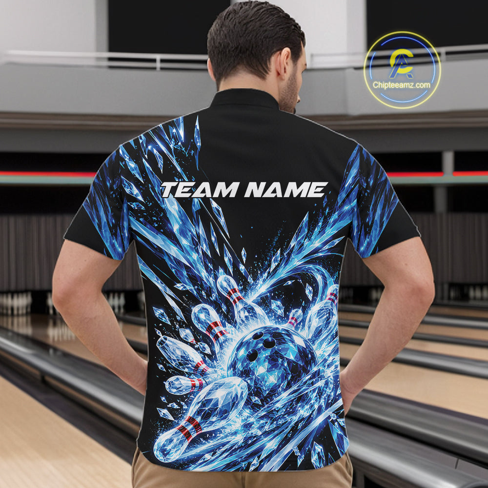 Icy Blue Custom Crystal Ice Bowling Team Men Quarter Zip Shirt, Bowling Tournament Jersey IPHW12435