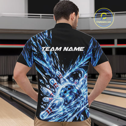 Icy Blue Custom Crystal Ice Bowling Team Men Quarter Zip Shirt, Bowling Tournament Jersey IPHW12435