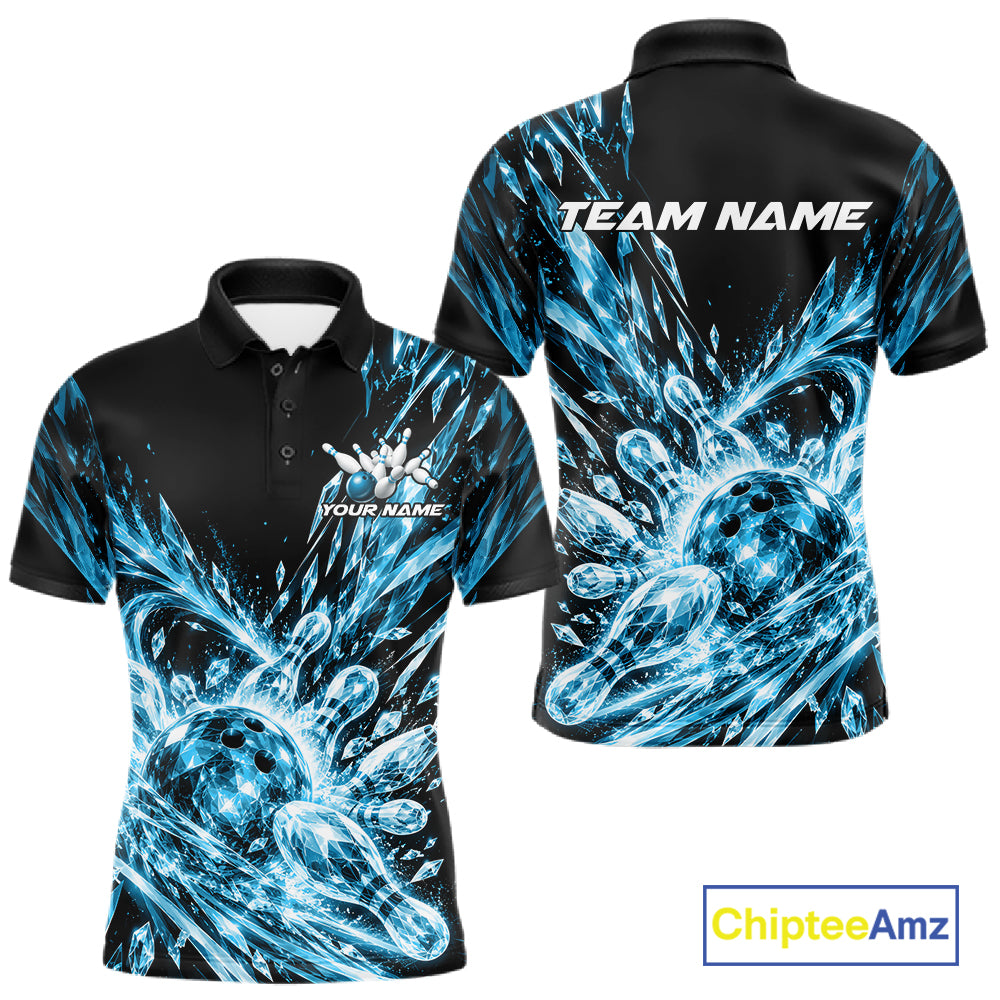 Sky Blue Custom Crystal Ice Bowling Team Men Polo Shirt, Bowling Tournament Jersey IPHW12436