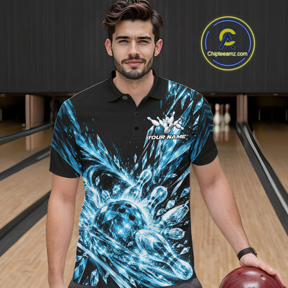 Sky Blue Custom Crystal Ice Bowling Team Men Polo Shirt, Bowling Tournament Jersey IPHW12436