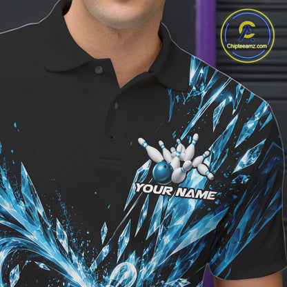 Sky Blue Custom Crystal Ice Bowling Team Men Polo Shirt, Bowling Tournament Jersey IPHW12436