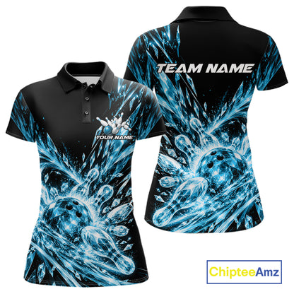 Sky Blue Custom Crystal Ice Bowling Team Women Polo Shirt, Bowling Tournament Jersey IPHW12436