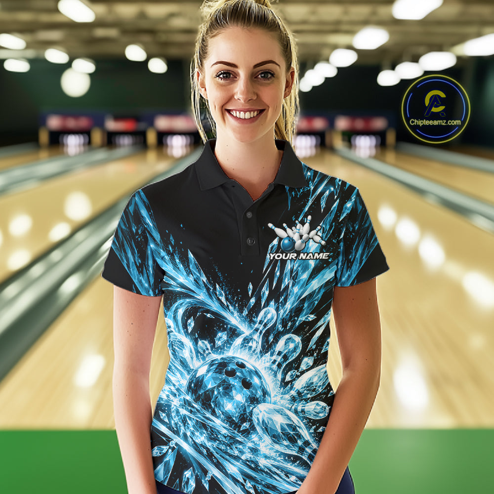 Sky Blue Custom Crystal Ice Bowling Team Women Polo Shirt, Bowling Tournament Jersey IPHW12436