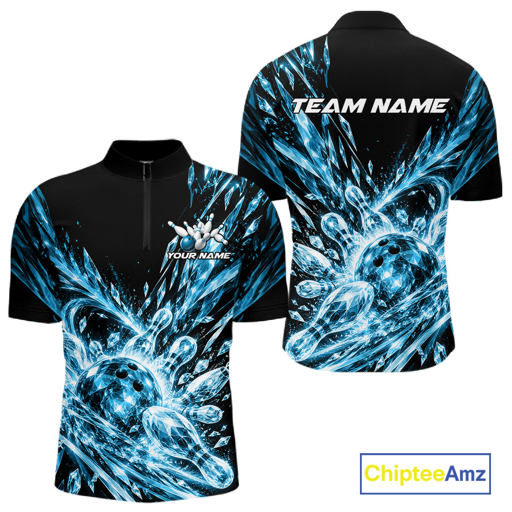 Sky Blue Custom Crystal Ice Bowling Team Men Quarter Zip Shirt, Bowling Tournament Jersey IPHW12436