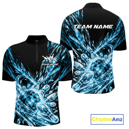 Sky Blue Custom Crystal Ice Bowling Team Men Quarter Zip Shirt, Bowling Tournament Jersey IPHW12436