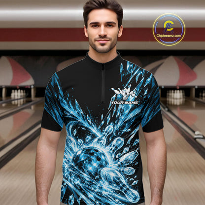 Sky Blue Custom Crystal Ice Bowling Team Men Quarter Zip Shirt, Bowling Tournament Jersey IPHW12436