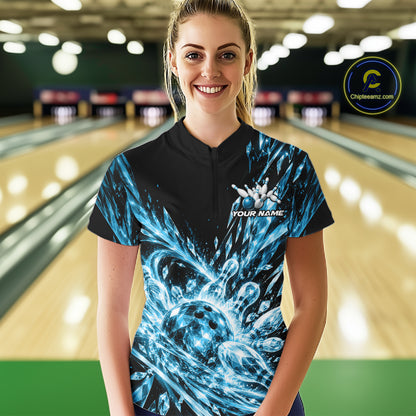 Sky Blue Custom Crystal Ice Bowling Women Quarter-Zip Shirt, Bowling Tournament Jersey IPHW12436