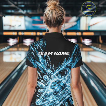 Sky Blue Custom Crystal Ice Bowling Women Quarter-Zip Shirt, Bowling Tournament Jersey IPHW12436