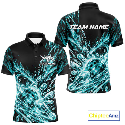 Aqua Blue Custom Crystal Ice Bowling Team Men Polo Shirt, Bowling Tournament Jersey IPHW12437