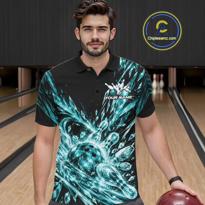 Aqua Blue Custom Crystal Ice Bowling Team Men Polo Shirt, Bowling Tournament Jersey IPHW12437