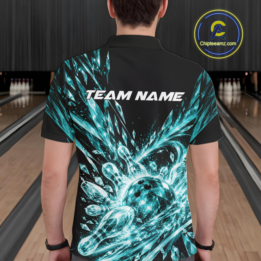 Aqua Blue Custom Crystal Ice Bowling Team Men Polo Shirt, Bowling Tournament Jersey IPHW12437