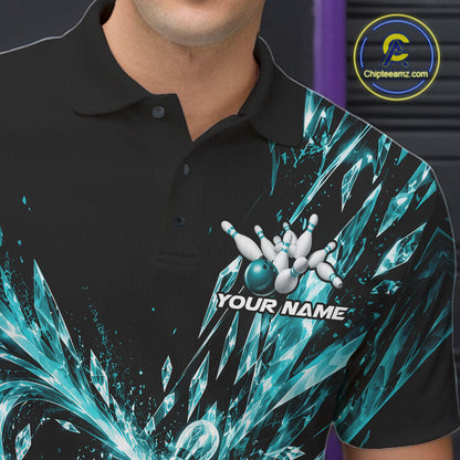 Aqua Blue Custom Crystal Ice Bowling Team Men Polo Shirt, Bowling Tournament Jersey IPHW12437
